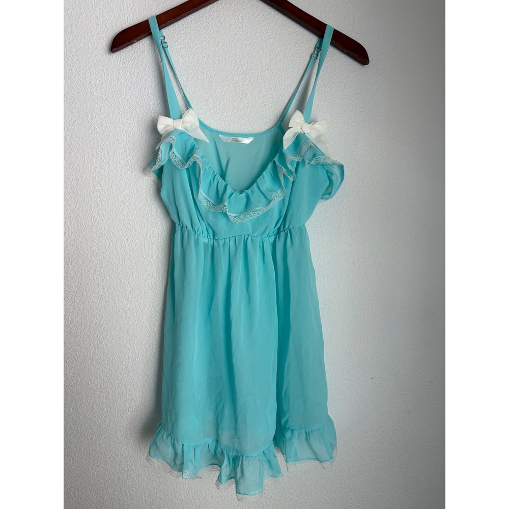 Flora Aqua Blue Sheer Babydoll Chemise‎ Lace Trim White Bows Coquette Lingerie